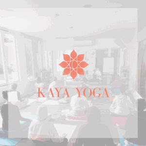 Kaya Yoga logo on square background with yoga class behind