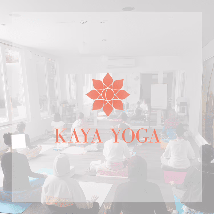 Kaya Yoga logo on square background with yoga class behind